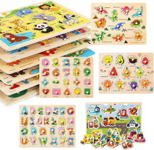 MEZHOBBY Wooden Peg Puzzles for Toddlers 1-3 6 Pack Toddler Puzzles, Preschool Educational