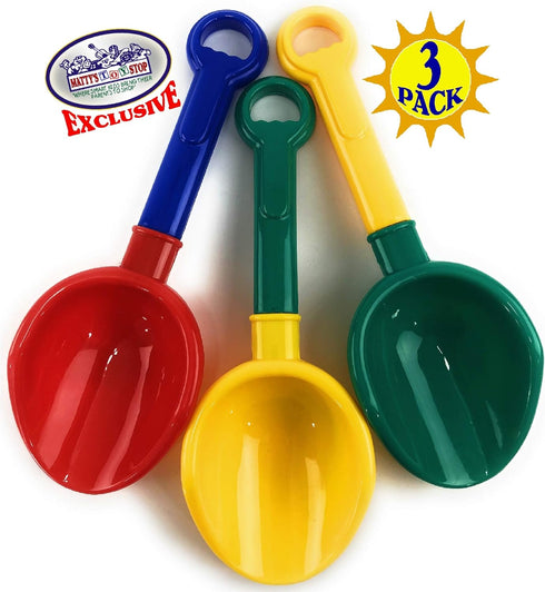 Matty's Toy Stop 10.5" Kids Multi-Color Sand Scoop Plastic Shovels for Beach (3 Pack: Red/Blue, Yellow/Green,