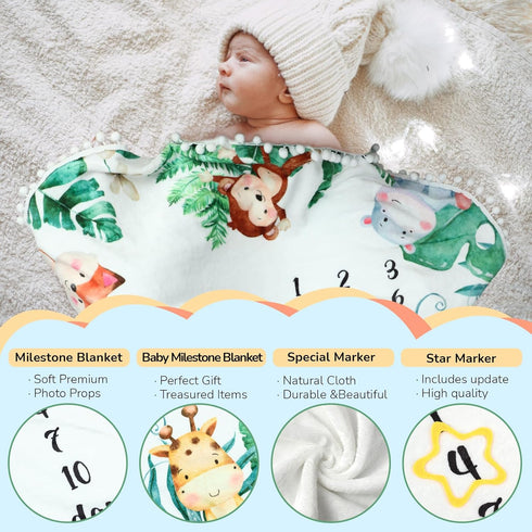 Peryiter Baby Monthly Milestone Blanket, 43.3" x 43.3", Safari Jungle Animals Leaf, Newborn Play Mat with Growth Chart