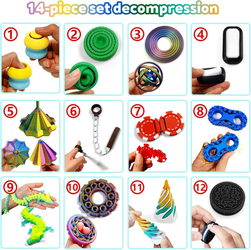 14-in-1 3D Set Printed Fidget for Adults - Sensory Anxiety Relief with Clicker, Articulated Dragon, Impossible Pyramid