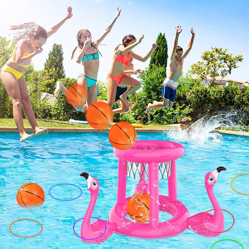 Pool Toys for Kids Adults, Inflatable Pool Basketball Hoop & Ring Toss Game, 2-in-1 Floating Outdoor Party Water Toy