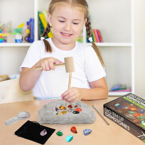 LotFancy Gemstone Dig Kit, Excavate 20 Real Gems, Science Kit for Kids Age 8-12, Educational Toy with Mining Tools