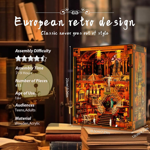 VORATHIS 3D Book Nook Kits for Adults The World Library Booknook Wooden Puzzle with LED Lights Creative Bookshelf