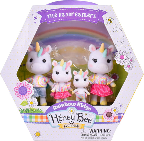 Sunny Days Entertainment Honey Bee Acres Rainbow Ridge Daydreamers Unicorn Family – 4 Miniature Flocked Dolls | Small Fantasy Collectible Figures | Pretend Play Toys for Kids
