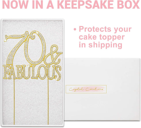 Premium Gold Metal 70 Cake Topper - 70 and Fabulous - 70th Birthday Party Sparkly Rhinestone Decoration, Set in Box