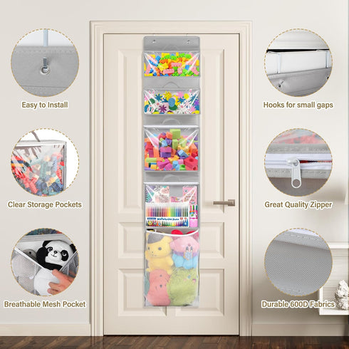 4 Closet Woodoulogy Hanging Toy Storage over Door, Block Stuffed Animal Organizer Idea with Removable Case Bag, Bi-Fold