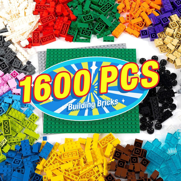 1600 Pieces Building Bricks with 2 Packs 24x24 Studs Sticky Plates, 46PCS Wheel Accessory, Creative Toy Compatible with