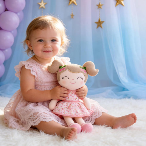 Plush Cherry Girl Doll - Soft Pink Baby Gift with Adorable Gift Bag