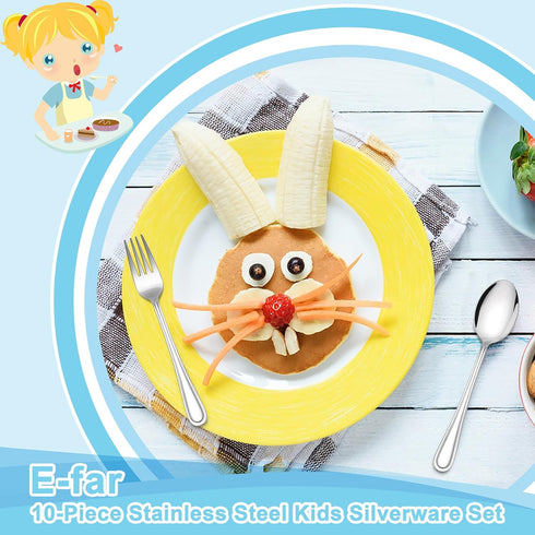E-far 10-Piece Toddler Utensils, Kid Stainless Steel Silverware Set for Safe Self Feeding