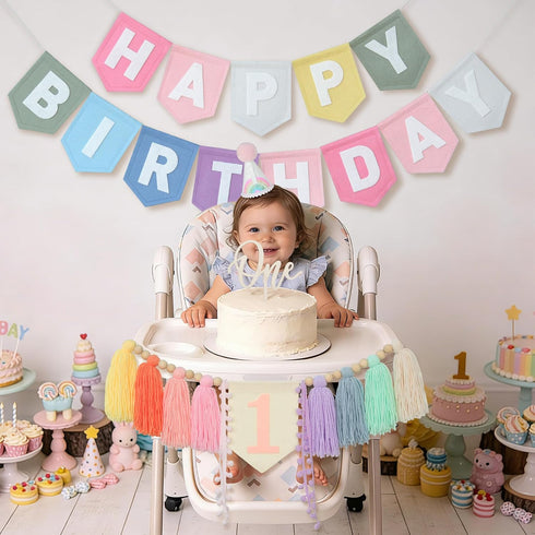 1st DCJHFJ Pastel Macaron Rainbow High Chair Banner Felt Happy Birthday Banner Pre-Strung Birthday Party Decorations
