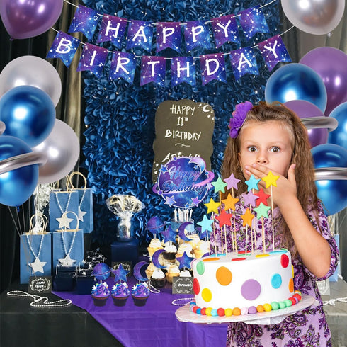 Galaxy Birthday Party Decorations for Kids, Happy Birthday Banner, Outer Space Metallic Balloons, Planet Star Cake