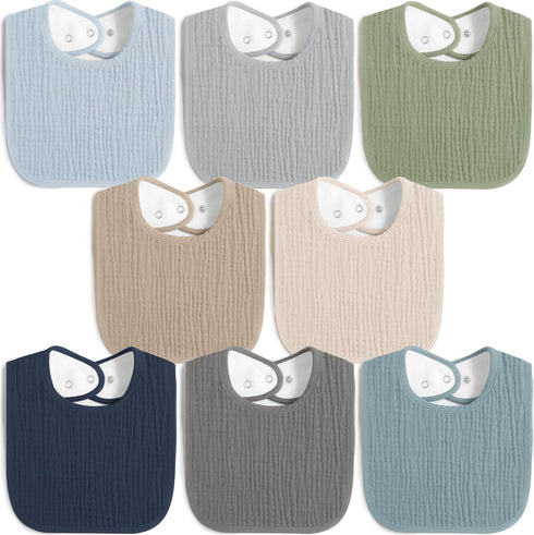 8 Pack Muslin 100% Cotton Baby Bibs, Soft and Absorbent Gender Neutral Set for Feeding and Drooling