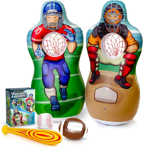Inflatable Double-Sided Baseball & Football Target Set, Blow Up Toy with Soft Football, Baseball & Inflatable Bat