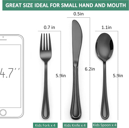 LIANYU 12-Piece Black Kids Silverware Set, Stainless Steel Toddler Flatware Set for 4, Includes Knife, Fork, Spoon,