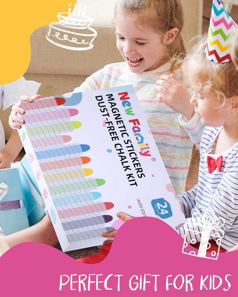 Set 24 NewFamily Kids Art Chalk - Color Dustless Chalk with Cute Magnetic Drawing Board, Creative Gift for Boys