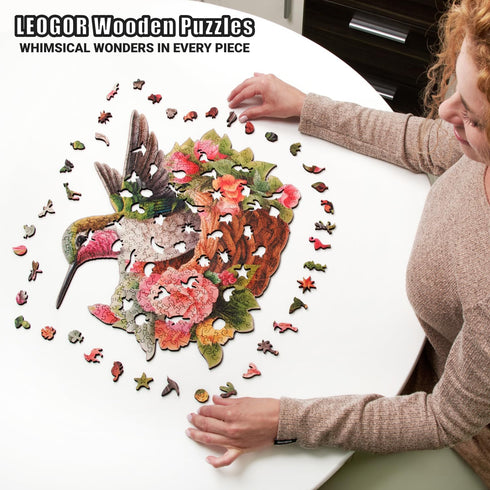 LEOGOR Wooden Puzzles for Adults - Glorious Hummingbird, 350 Piece Large Colorful Mosaic Wood Jigsaws