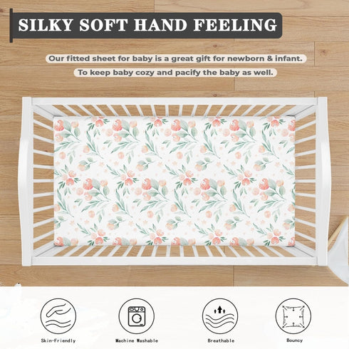 Winpema 28"x52" Floral Botanical Pattern Fitted Crib Sheet Pink Flower Baby Crib Sheet Fit Standard Crib and Toddler