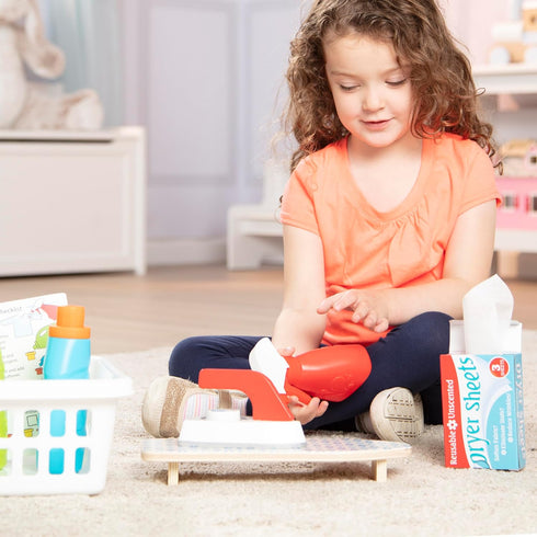 Melissa & Doug 14 Pcs Laundry Basket Pretend Play Set with Wooden Iron and Ironing Board