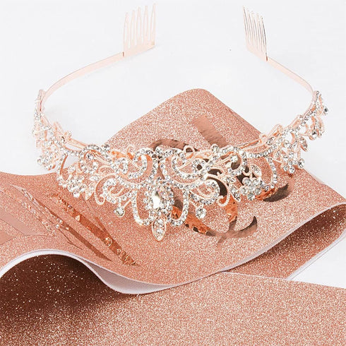 COCIDE Birthday Sash & Tiara Set, Rose Gold Crowns and Tiaras for Women, Rhinestone Queen Headband, Glitter Crystal