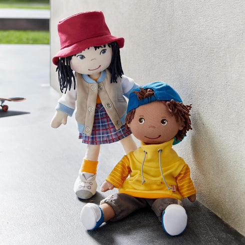 12" 18 HABA Soft Doll Yuki with Black Hair, Embroidered Face, Stylish Bucket Hat and Clothes - Washable Toddler Baby