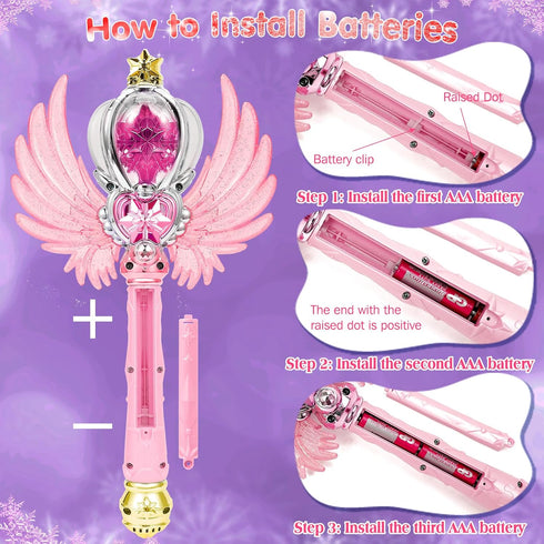 Light Up Snowflake Wand - Spinning LEDs and Sound Magic Princess Toy for Kids, Birthday Cosplay Party Favors, Pink