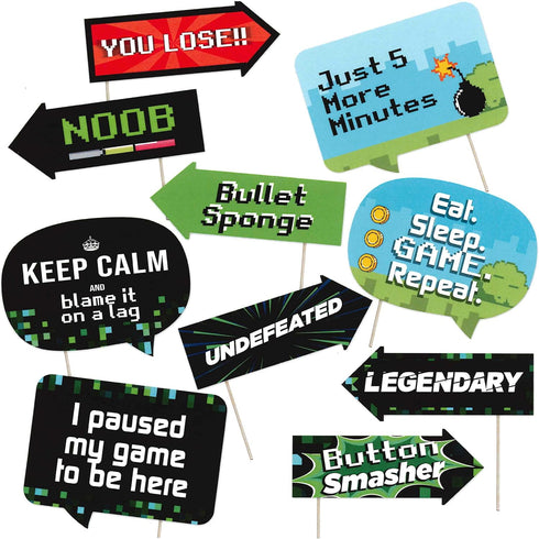 Video Game Party Decoration Kit - Photography Backdrop & 10 Studio Selfie Photo Booth Props with Sticks, Gamer Theme