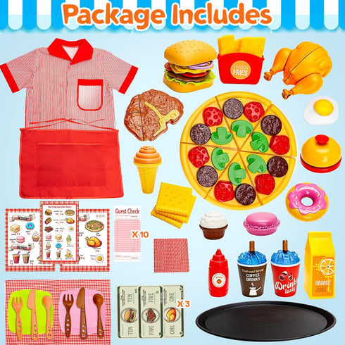 Set 3-8, Set Restaurant Server Play Toys for Boys Girls Age Role Play with Unisex Server Dress-Up Costume, Play Food