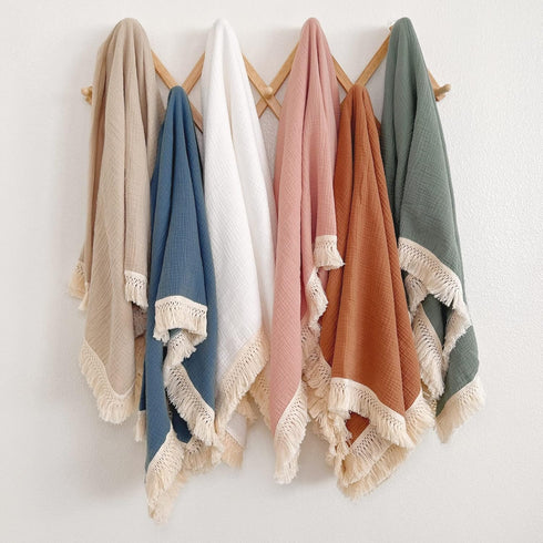 Muslin Cotton Baby Receiving Blanket with Fringe, Boho Bohemian Tassels, Nursery Decor, Boy or Girl Unisex Swaddle
