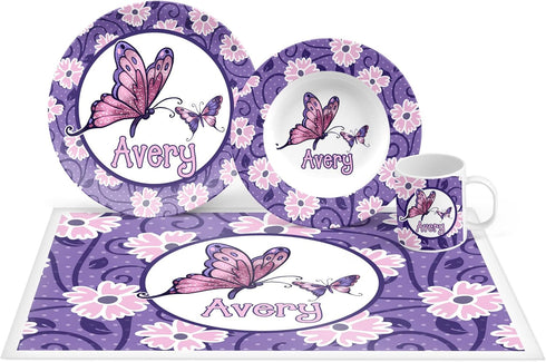 Personalized Kids Butterfly Plate Set, Bowl, Placemat, Mug, Dinnerware, Dinner Mealtime -