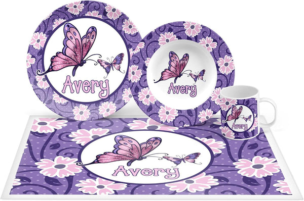 Personalized Kids Butterfly Plate Set, Bowl, Placemat, Mug, Dinnerware, Dinner Mealtime -