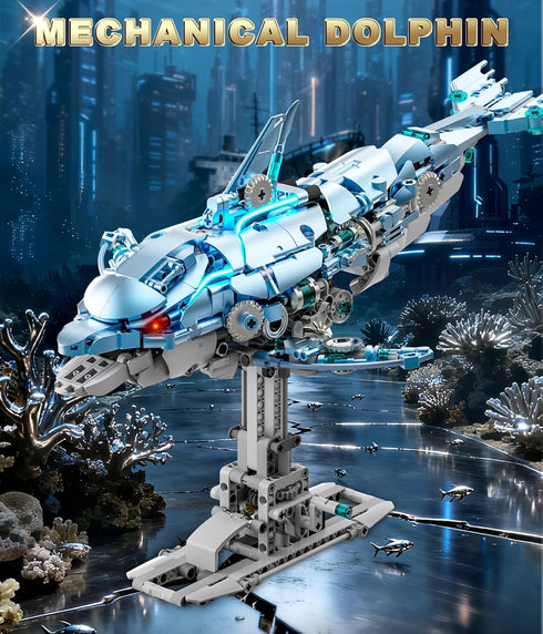 Set Swimming 8+, Moving Mechanical Dolphin Building - Hand Crank Model Kit with Tail, Movable Jaw & Glowing Lights |