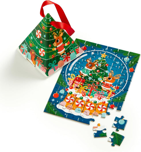 Mudpuppy Reindeer Snow Globe – 48 Piece Pyramid Shaped Puzzle Ornament with Colorful Illustration of Reindeers