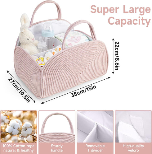 Diaper Caddy Organizer for Baby, Cotton Rope Baby Gift Basket,Portable Diaper Organizer for Changing Table,Diapers