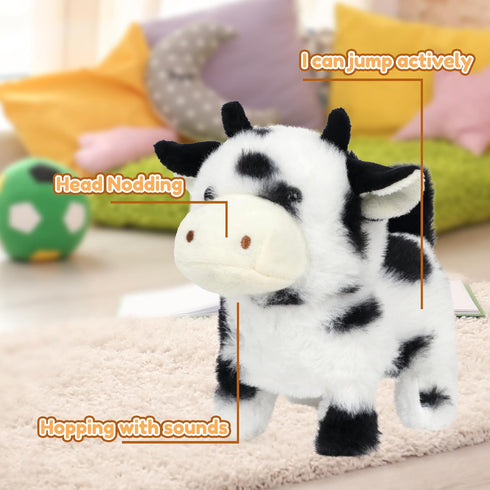 7'',Black Easfan Walking Black Cow Interactive Electronic Pet Plush Toy with Sounds and Movements Moving Educational