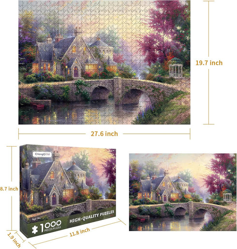 Jigsaw Puzzles for Adults 1000 Pieces Country House Spring Landscape Puzzle Picturesque Bridge, DIY Challenging Game