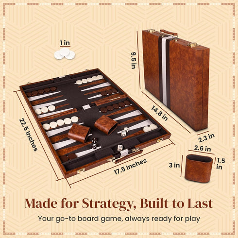 Backgammon 15 Inches Backgammon Sets Gammon Set Backgammon Set Premium Medium Brown - for Adults and Kids - Leatherette