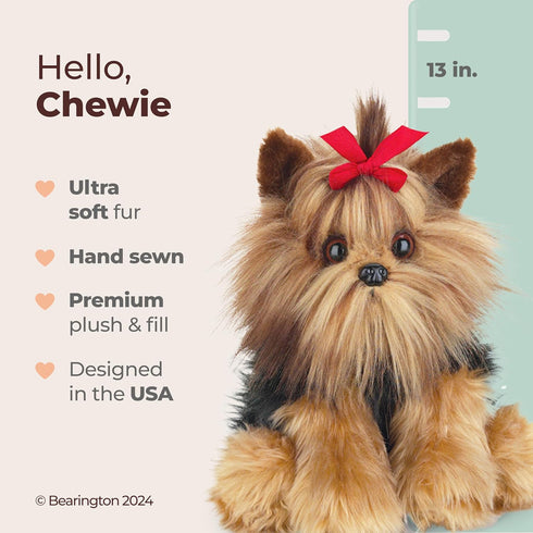 13" Bearington Chewie The Yorkie Stuffed Dog Plush Toy - Soft Cuddly Yorkshire Terrier with Realistic Fur and Floppy