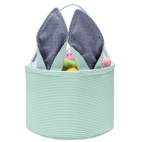 Easter Bunny Basket Seersucker Egg Bags for Kids, Personalized Candy Rabbit Print Buckets with Fluffy Tail