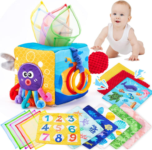 hahaland Baby Tissue Box Toy - Montessori Toys for 6-12 Months, Textured Tails, Cloth Tissues, Crinkle, Squeaky Sounds,