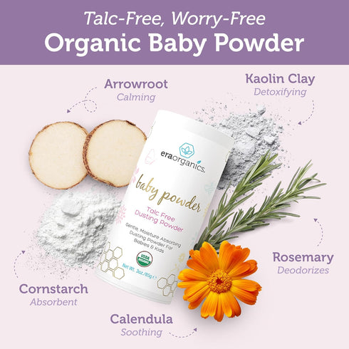 (3oz/85g) 2 Pack Era Organics Talc-Free Organic Baby Powder - USDA Organic Dusting Powder with Arrowroot, Calendula