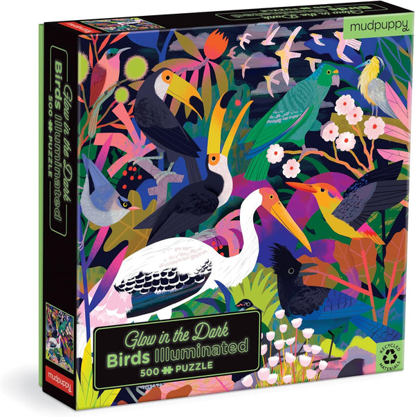 Mudpuppy Bird Illuminated – 500 Piece Glow in The Dark Puzzle with Colorful Scene of Birds in The Jungle and Hidden Puzzle Details in The Dark for Children Ages 8 and Up