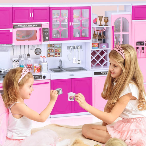 Mastom Playset 56PCS 3 4 5 6 Kitchen for Girls, Play Kitchen Toys for Dolls with Realistic Lights & Sounds, Kids