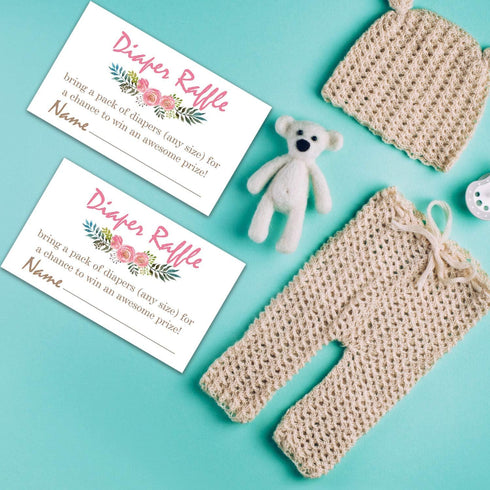 Pink Flowers Diaper Raffle Tickets - 50 Baby Shower Game Cards for Invitation Inserts