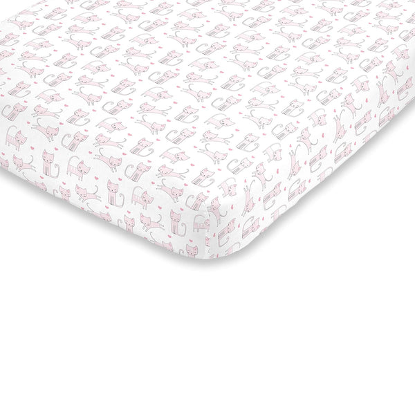 NoJo Super Soft Pink & White Purrdy Kitty Cat Fitted Crib Sheet,