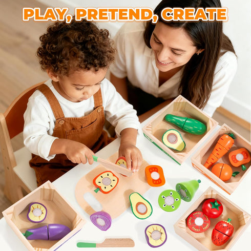 Set, 3 4 5 6 7 WOODMAM Wooden Play Food for Toddlers, Color Food Groups, Fruit & Veggies Cutting Pretend Play Food