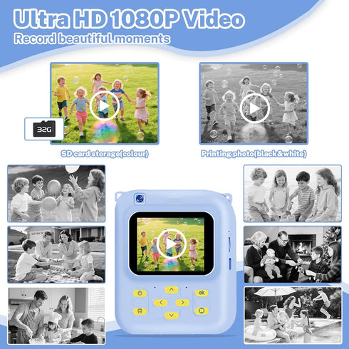 QDH 1080P 3 32GB 3-12, Instant Print Camera for Kids, Video Camera with Print Rolls, Card & Cute Cover, Gift for Girls