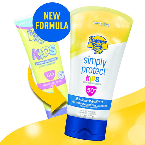 50+, 25% 6oz. Banana Boat Simply Protect Mineral-Based Sunscreen Lotion for Kids, SPF Tear Free, Fewer Ingredients