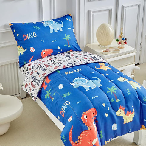Set 4 Set Dinosaur Toddler Bedding for Boys Girls Pieces Toddler Bed - Ultra Soft Cartoon Cute Orange Yellow Blue Green