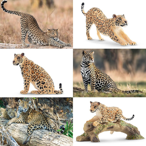 Toymany 7PCS Jaguars Figurines with Jaguars Cub and Tree Trunk, Realistic Jungle Animals Family Playset