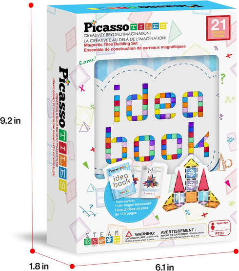 Set 110+ Playset 3+ PT03 PicassoTiles Magnetic Tiles Magnet Toys Building Blocks Construction with Pages IdeaBook STEM